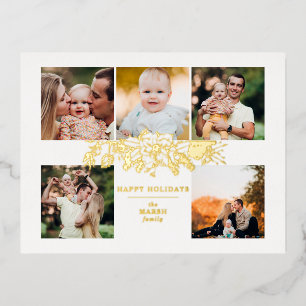 Elegant Engraved Gold Christmas Floral 5-Photo Foil Holiday Postcard