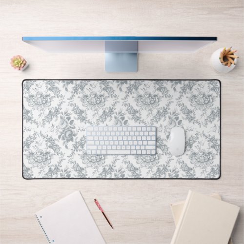 Elegant Engraved Grey and White Floral Toile Desk Mat