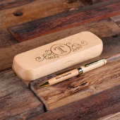Elegant Engraved Monogram Case and Wooden Pen (Top)