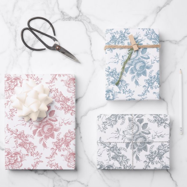 Elegant Engraved Pastel Floral Toile Wrapping Paper Sheets (Front)