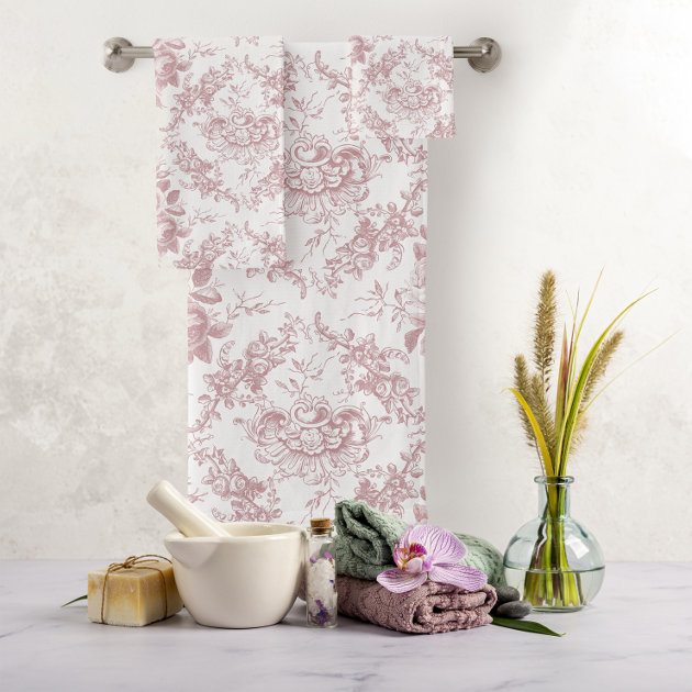 Elegant Engraved Pink and White Floral Toile Bath Towel Set Zazzle