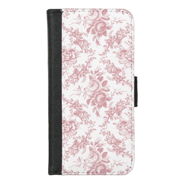 Elegant Engraved Pink and White Floral Toile iPhone Wallet Case (Front)