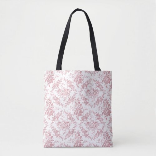 Elegant Engraved Pink and White Floral Toile Tote Bag