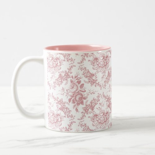 Elegant Engraved Pink and White Floral Toile Two_Tone Coffee Mug