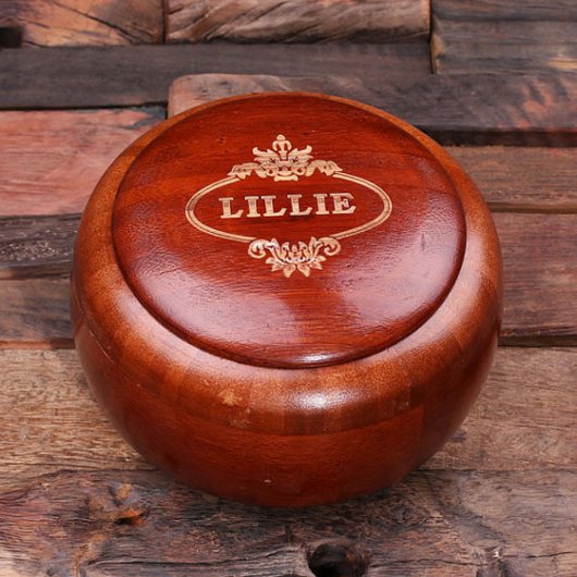 Elegant Engraved Round Natural Wood Keepsake Bowl (Top)