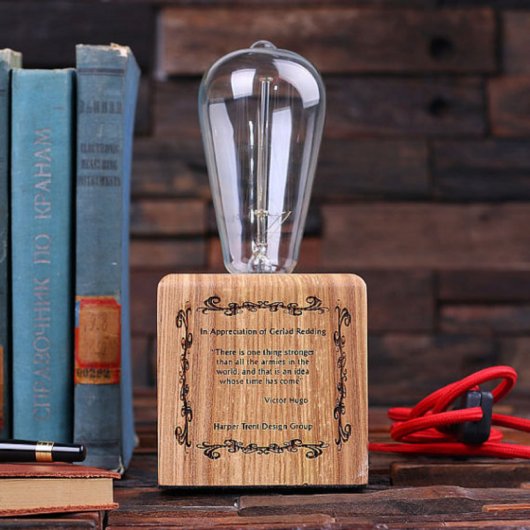 Elegant Engraved Square White Oak Wood Edison Lamp (Front)