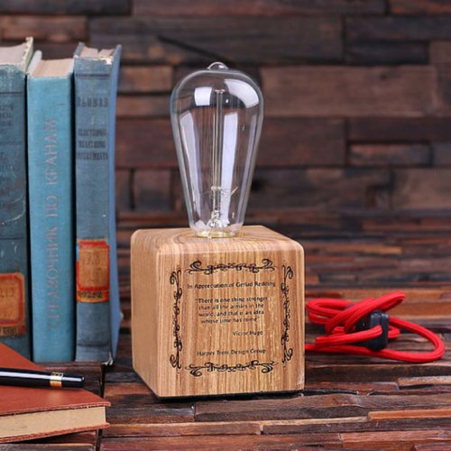 Elegant Engraved Square White Oak Wood Edison Lamp