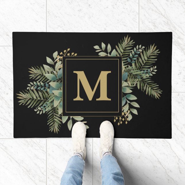 Elegant Entry: Black and Gold Foliage Doormat (Indoor)
