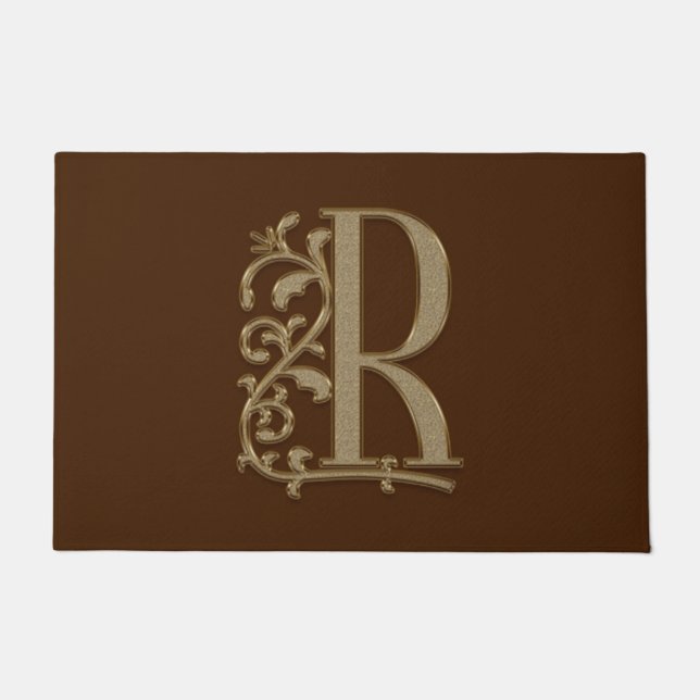 Elegant Entry Monogram R Initial on Brown Doormat (Front)
