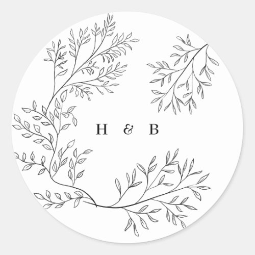 Elegant Envelope Black Floral Monogram Wreath Classic Round Sticker