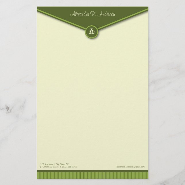 Elegant Envelope (lime) Monogram Stationery (Front)
