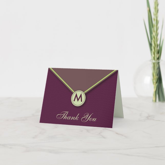 Elegant Envelope Monogram Eggplant Thank You Card (Front)