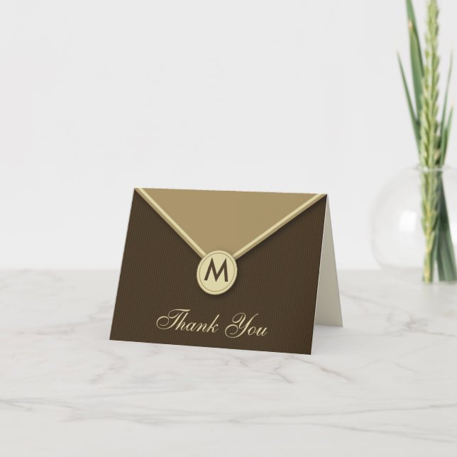 Elegant Envelope Monogram Mocha Thank You Card (Front)
