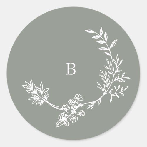 Elegant Envelope Sage Green Floral Monogram Wreath Classic Round Sticker