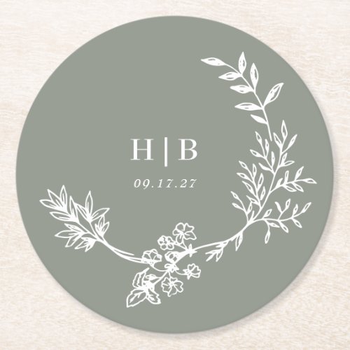 Elegant Envelope Sage Green Floral Monogram Wreath Round Paper Coaster