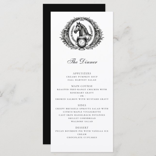 Elegant Equestrian Horse Monogram Crest Wedding Menu (Front/Back)