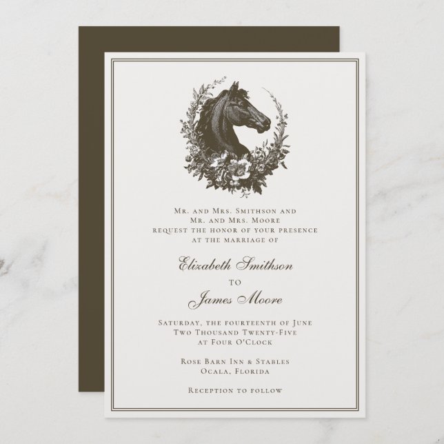 Elegant Equestrian Horse Wreath Equine Wedding Invitation (Front/Back)