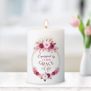 Elegant Equipped by God's Grace Pink Gold Floral  Pillar Candle