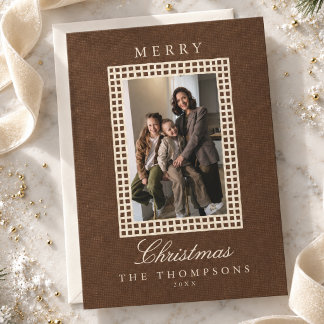 Elegant Espresso Brown Woven Frame Family Photo Holiday Card