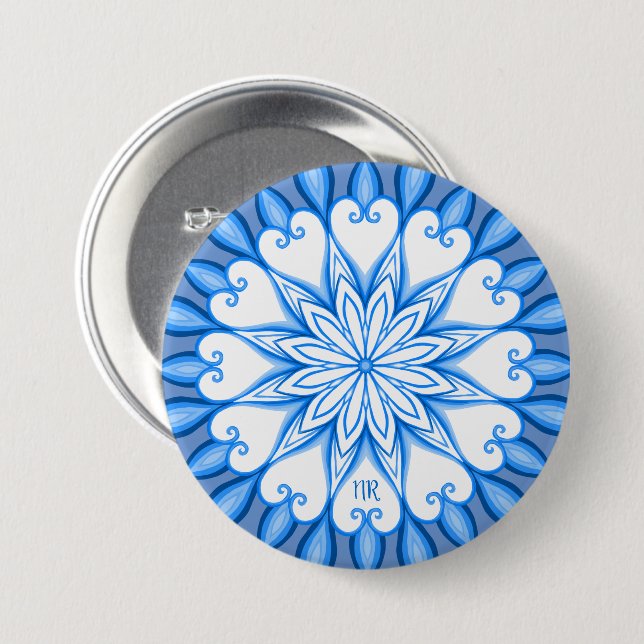 Elegant Esthetic White & Blue Mandala Monogrammed Button (Front & Back)
