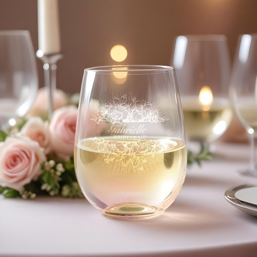 Elegant Etched Floral Border Personalized Stemless Wine Glass