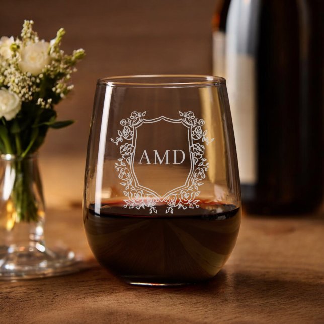 Elegant Etched Floral Wreath Monogram Crest Stemless Wine Glass (Creator Uploaded)