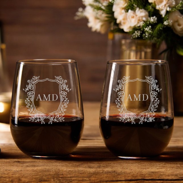 Elegant Etched Floral Wreath Monogram Crest Stemless Wine Glass (Creator Uploaded)
