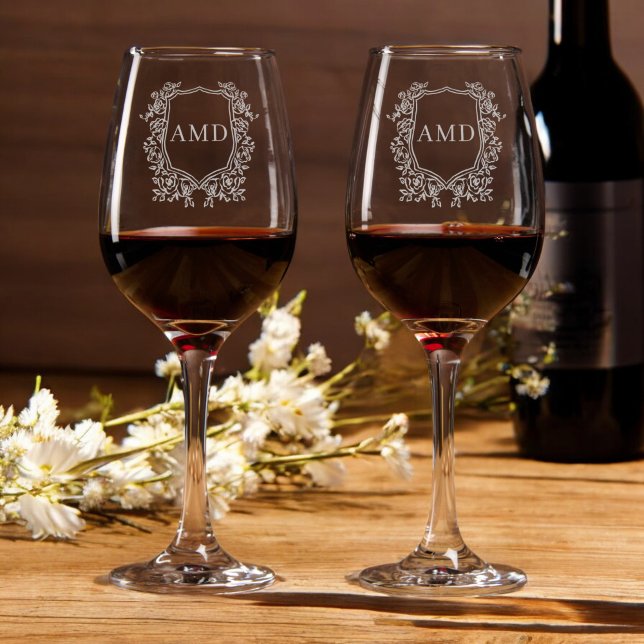 Elegant Etched Floral Wreath Monogram Crest Wine Glass (Creator Uploaded)