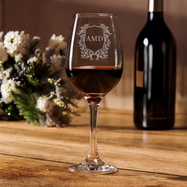 Elegant Etched Floral Wreath Monogram Crest Wine Glass (Creator Uploaded)