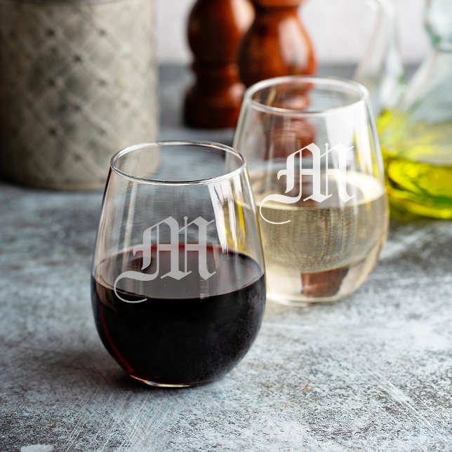 Elegant Etched Monogram Engraved Gift Stemless Wine Glass (Creator Uploaded)