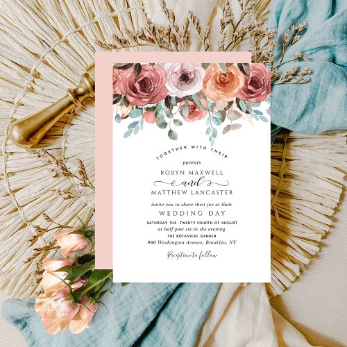 Elegant Ethereal Blush Peach Mint Floral Wedding Invitation