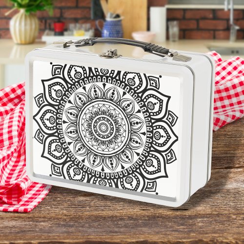 Elegant Ethnic Black Floral Mandala Pattern   Metal Lunch Box