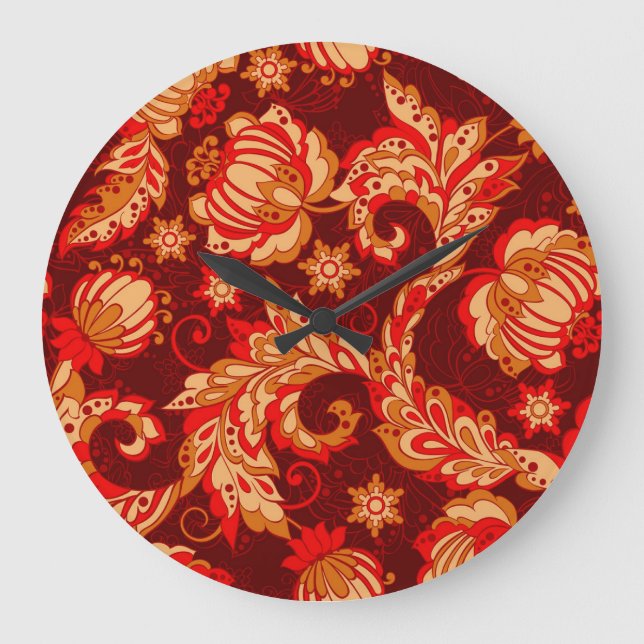 Elegant Ethnic Flowers Seamless Pattern Large Clock (Front)