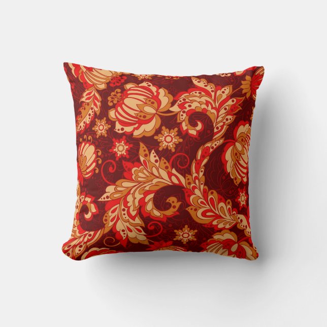 Elegant Ethnic Flowers Seamless Pattern Throw Pillow (Front)