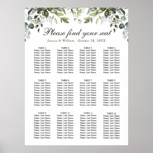 Elegant Eucalyptus 12 Tables Wedding SEATING CHART