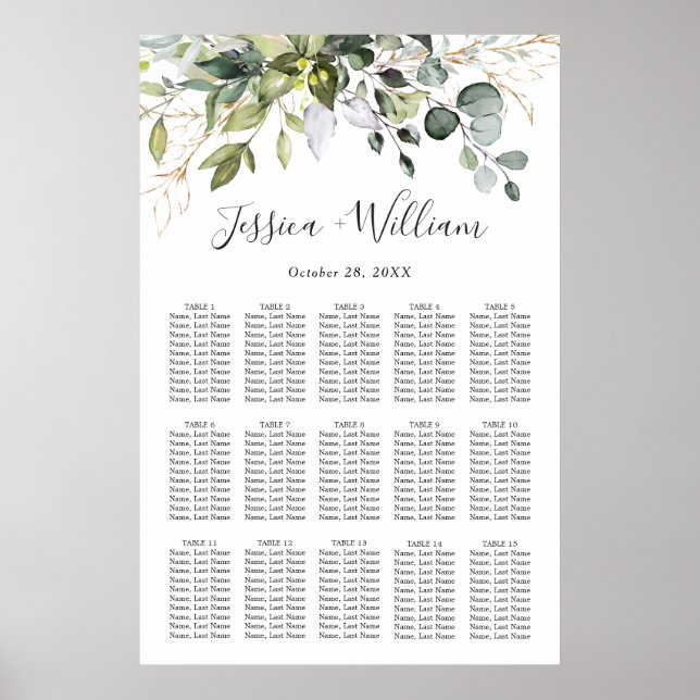 Elegant Eucalyptus 15 Tables Wedding SEATING CHART (Front)