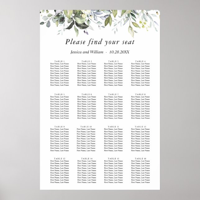 Elegant Eucalyptus 16 Tables Wedding SEATING CHART (Front)