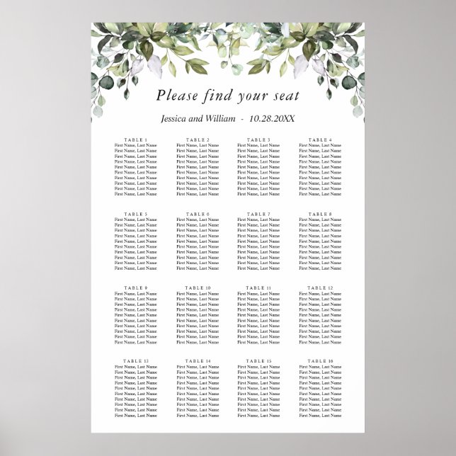Elegant Eucalyptus 16 Tables Wedding SEATING CHART (Front)