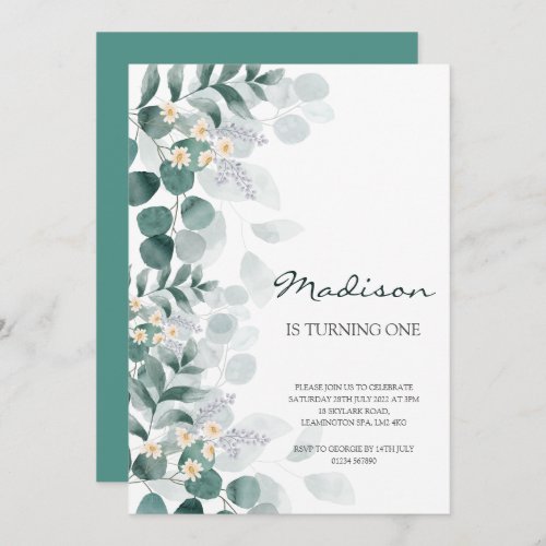 Elegant eucalyptus 1st birthday invitation 