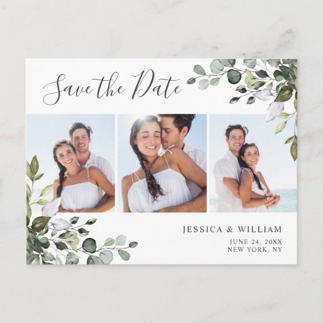 Elegant Eucalyptus 3 PHOTO Wedding Save the Date Postcard (Front)