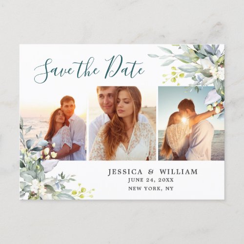 Elegant Eucalyptus 3 PHOTO Wedding Save the Date Postcard