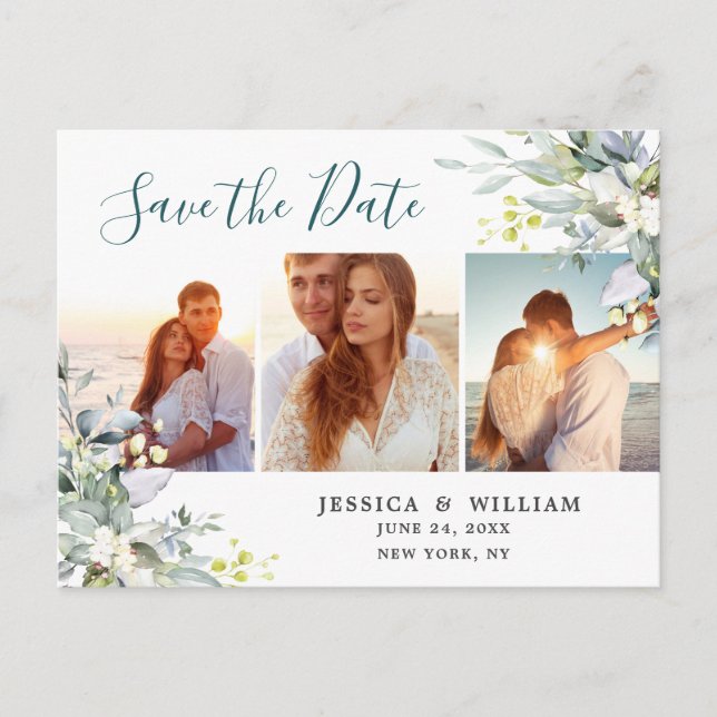 Elegant Eucalyptus 3 PHOTO Wedding Save the Date Postcard (Front)
