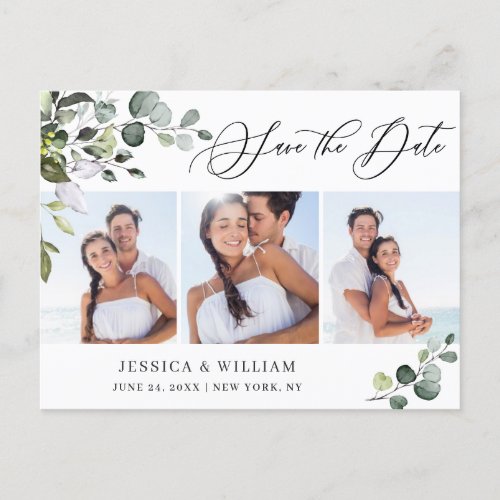 Elegant Eucalyptus 3 PHOTO Wedding Save the Date Postcard