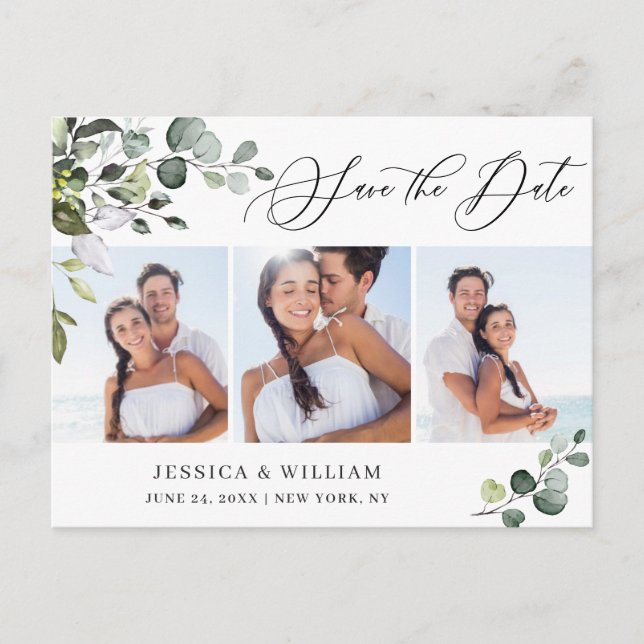 Elegant Eucalyptus 3 PHOTO Wedding Save the Date Postcard (Front)