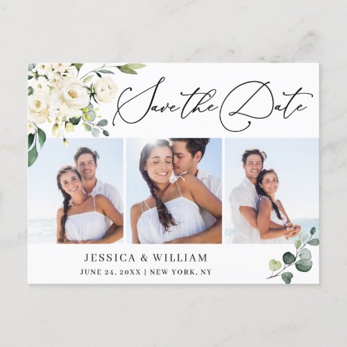 Elegant Eucalyptus 3 PHOTO Wedding Save the Date Postcard