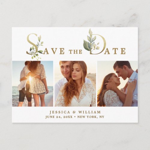 Elegant Eucalyptus 3 PHOTO Wedding Save the Date Postcard