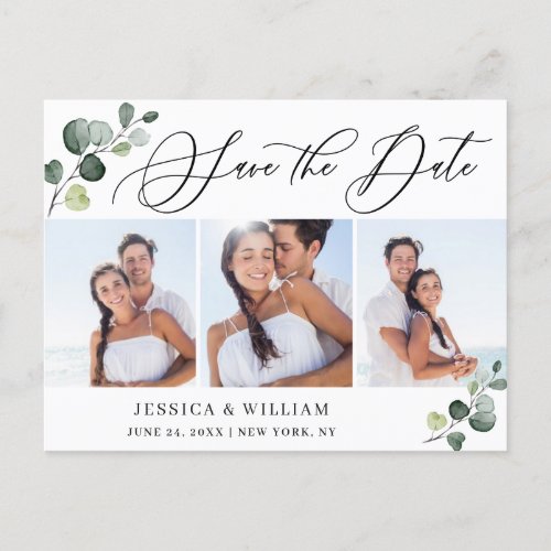 Elegant Eucalyptus 3 PHOTO Wedding Save the Date Postcard