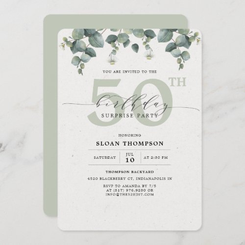 Elegant Eucalyptus 50th Birthday Surprise Party Invitation