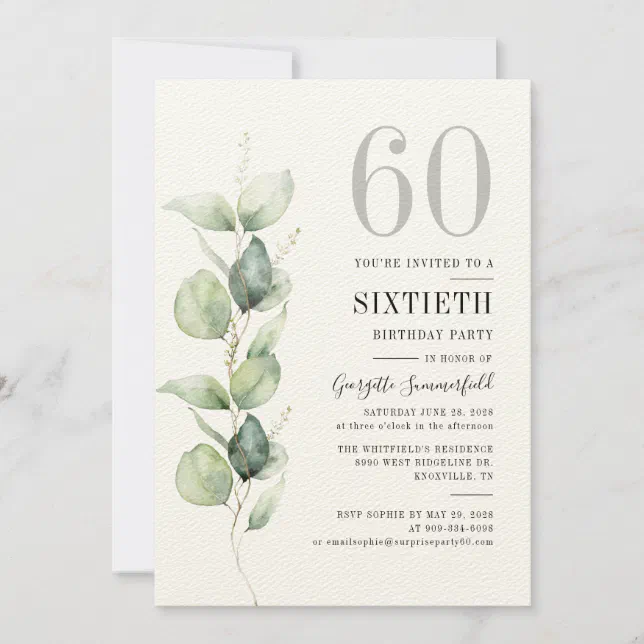 Elegant Eucalyptus 60th Birthday Party Invitation | Zazzle