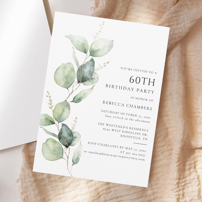 Elegant Eucalyptus 60th Birthday Party Invitation (Elegant Watetrcolor Eucalyptus 60th Birthday Party Invitation)